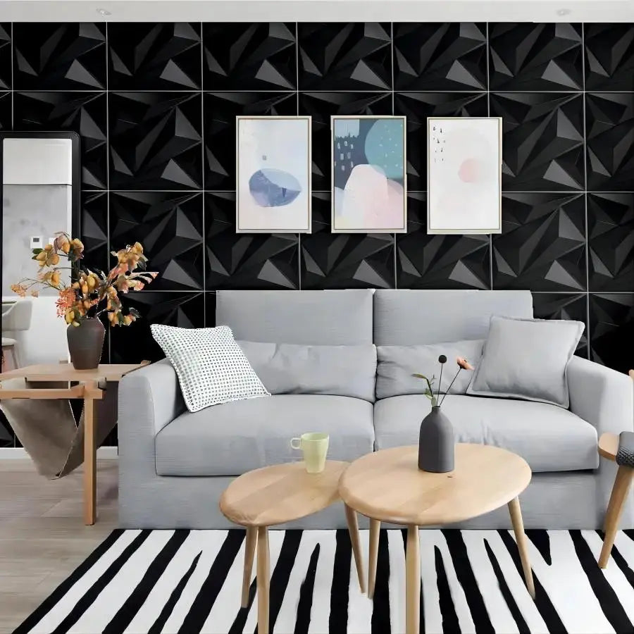 Simples Market 3D textured wall panels, 12pc/20pc set, 30x30cm, black geometric indoor wall decor for living room