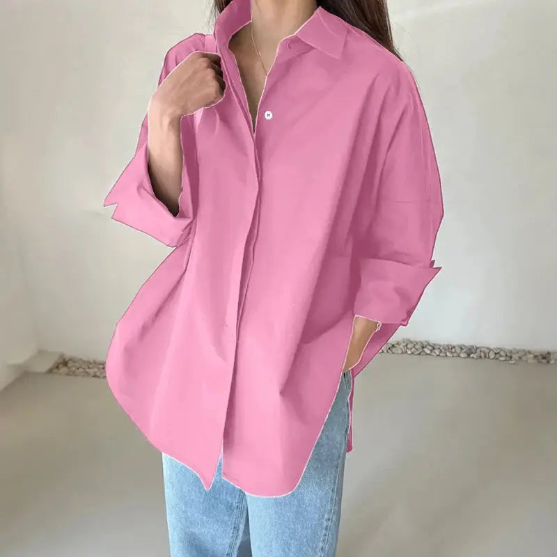 Oversized pink shirt with turn-down collar, long sleeves, button-up blouse