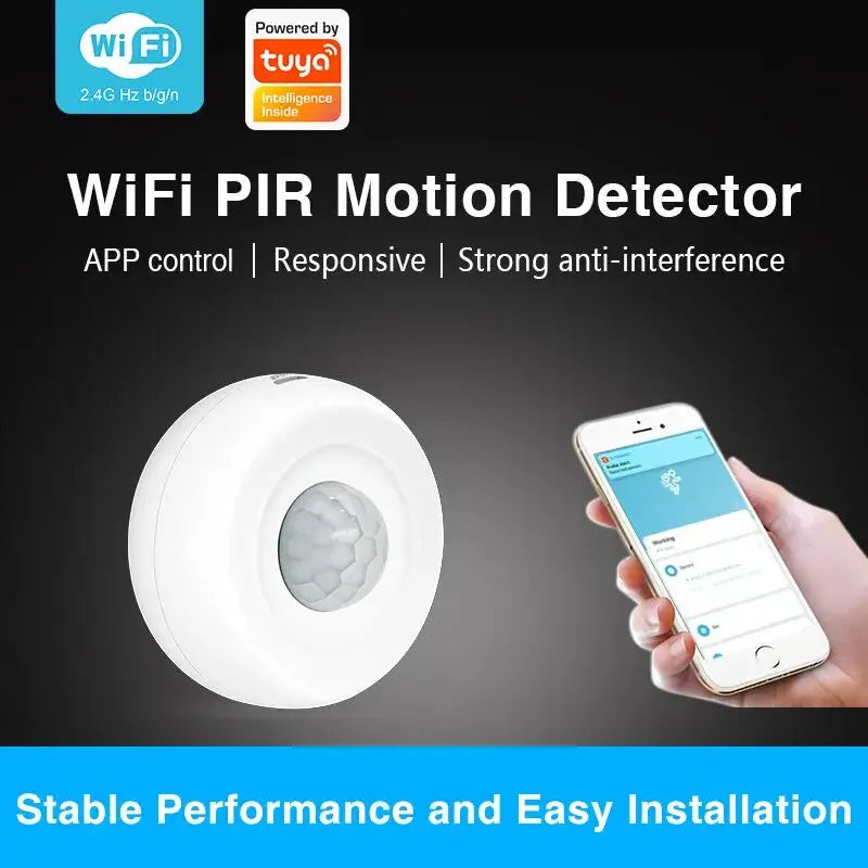 Simples Market white round WiFi PIR motion detector with Tuya-powered app control shown on a smartphone
