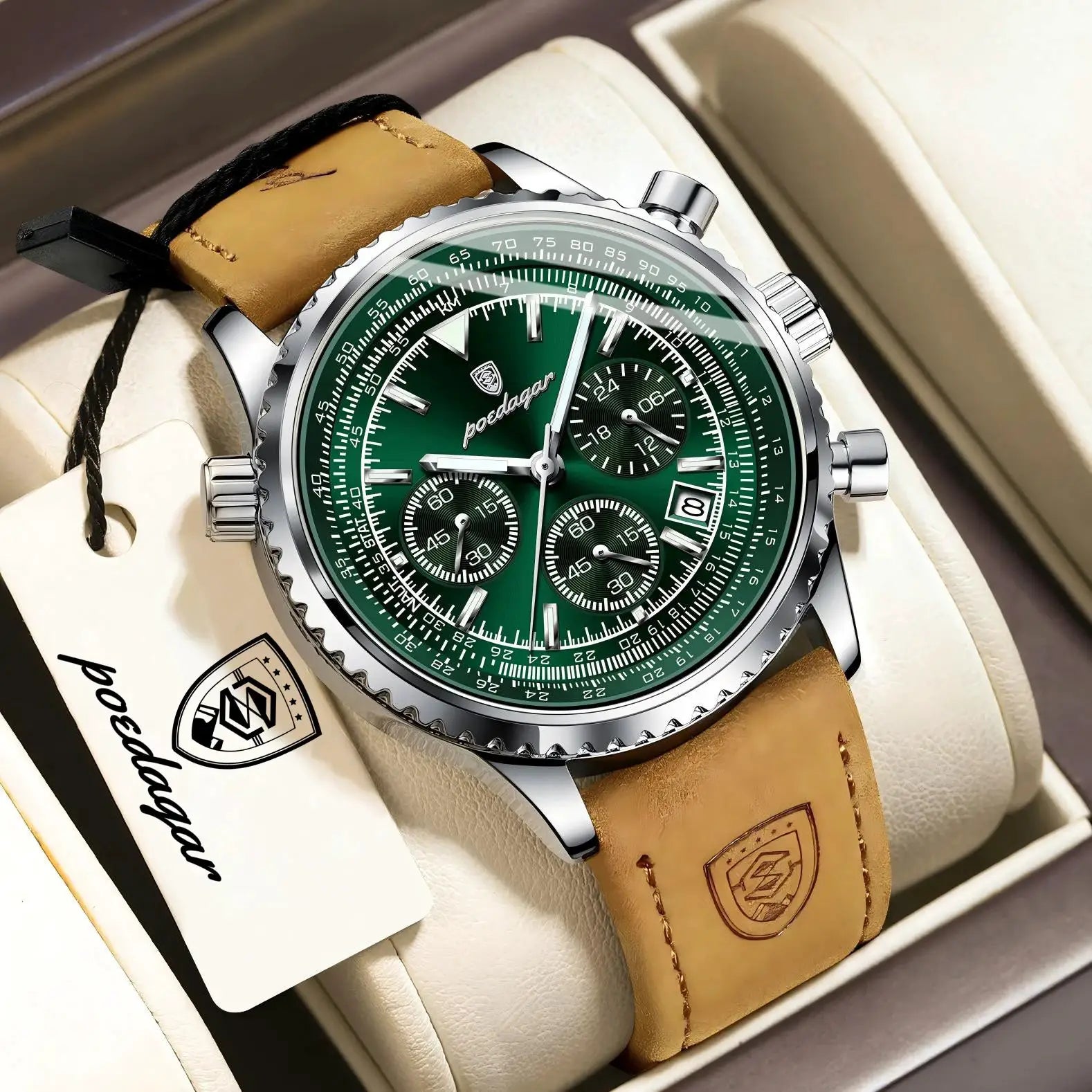 POEDAGAR men's wristwatch with green dial, chronograph, stainless steel case and brown leather strap