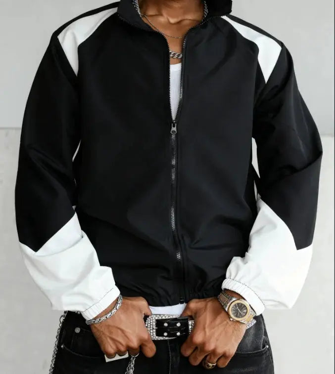 Men's color-blocked lightweight jacket in black and white with front zipper, casual windproof outerwear