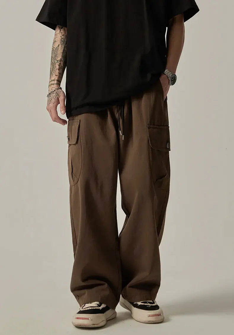 Men's cargo pants by Simples Market, brown wide-leg drawstring trousers with large cargo pockets