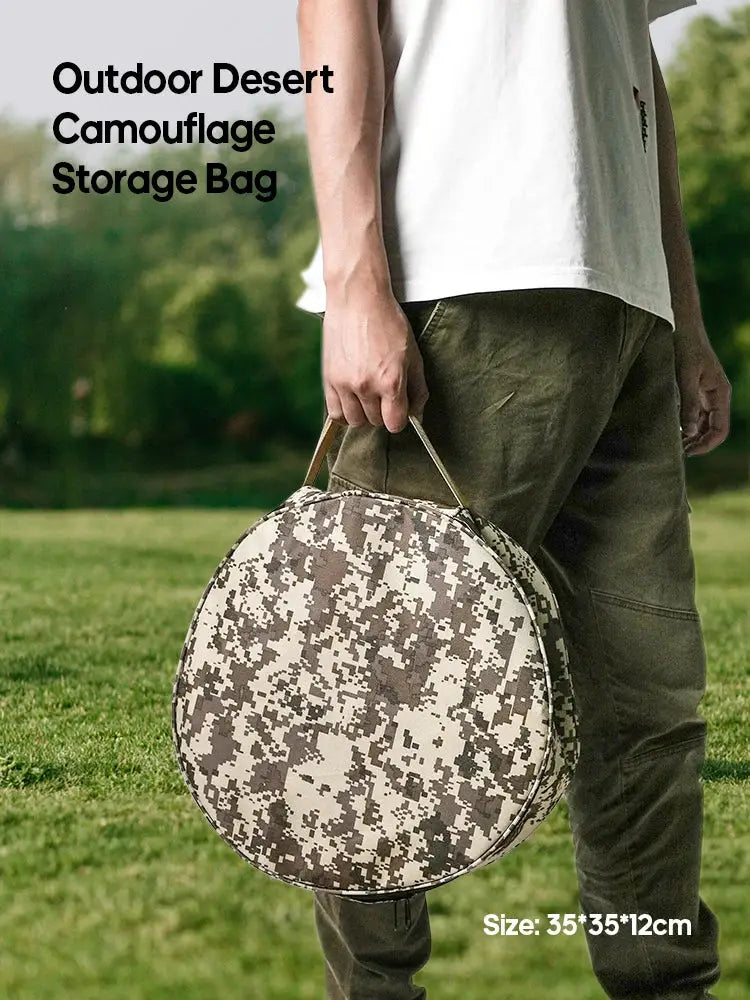 Desert camouflage round storage bag carried outdoors, size 35*35*12cm.