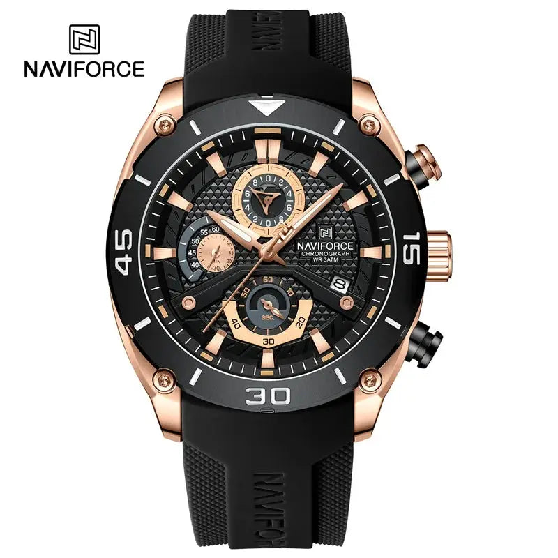 NAVIFORCE men's chronograph watch with black dial, rose-gold case, water resistant, and black strap.