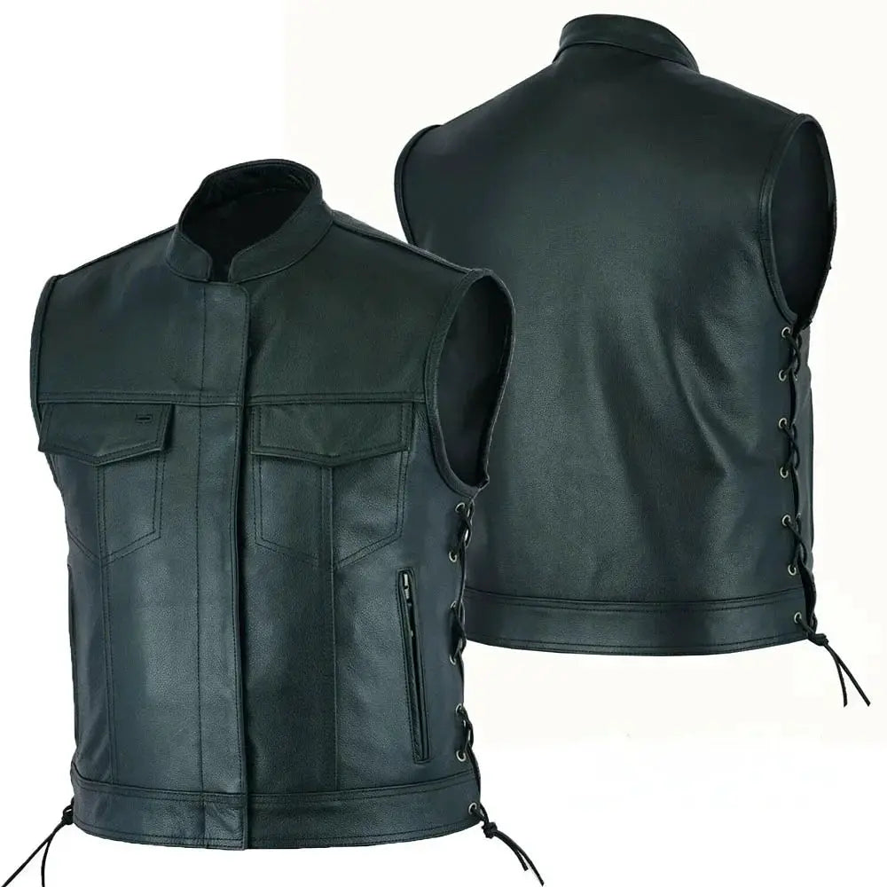 Men's black leather motorcycle vest with stand collar, zip pockets, and side lace-up panels; front and back views.