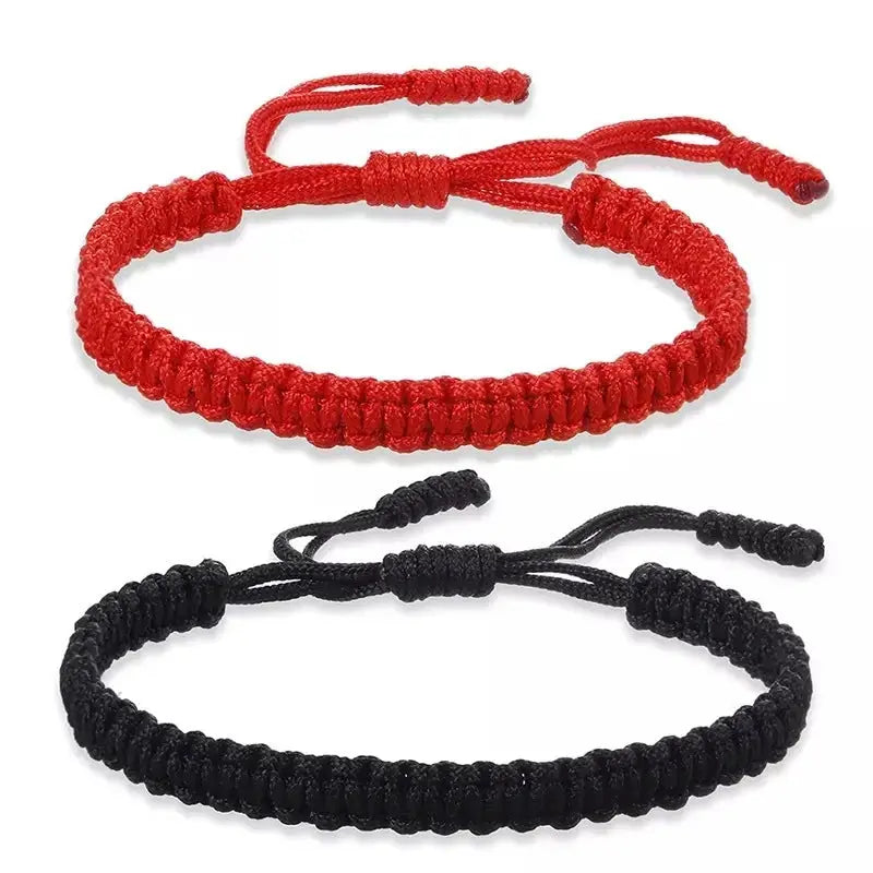 Handmade braided string bracelets, two in red and black, adjustable knots, Buddhist Tibetan good luck amulet for women