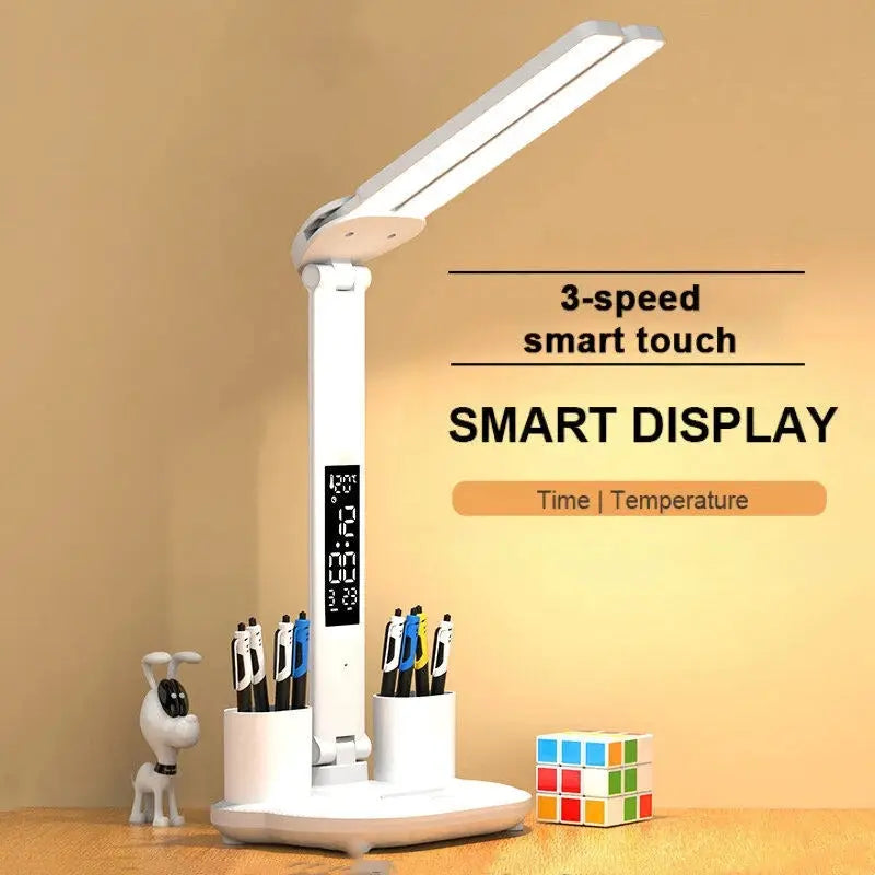 Simples Market LED clock table lamp with 2 foldable heads, USB chargeable, dimmable, smart display time and temperature