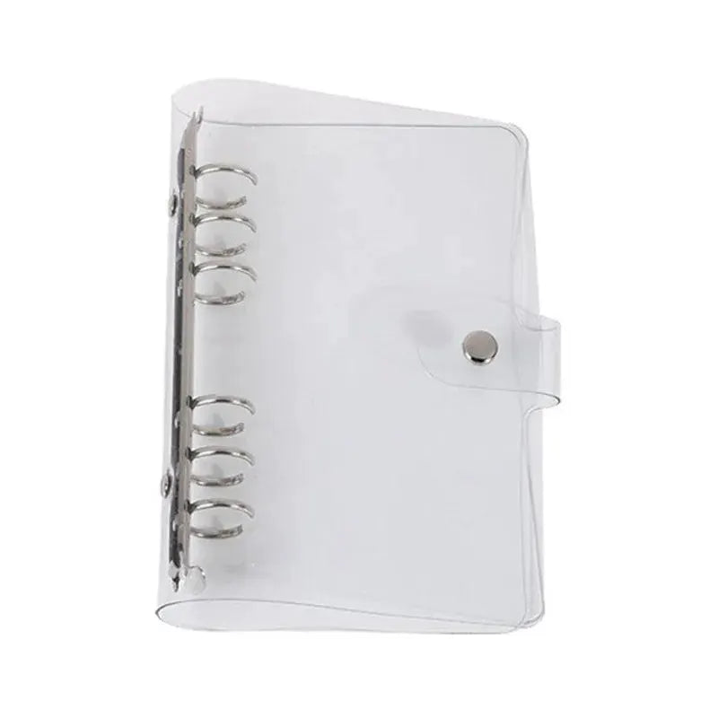 Transparent plastic ring binder A5 with snap strap closure and six metal rings