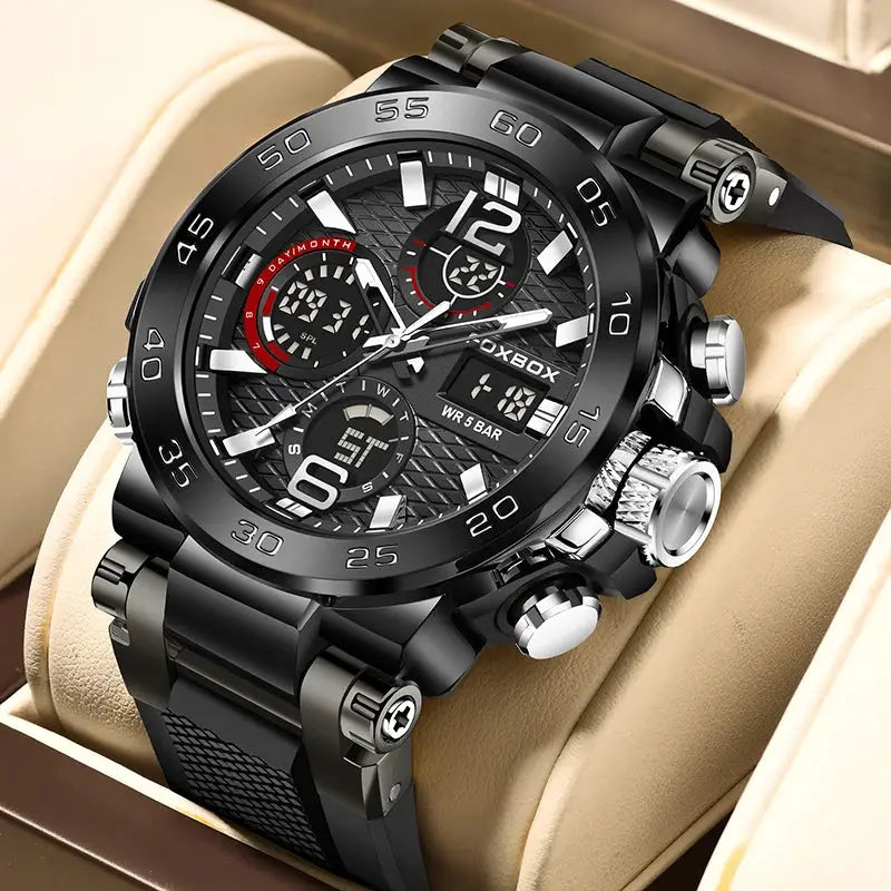 FOXBOX Sport Men's Digital Watch from Simples Market; black stainless steel chronograph with large dial