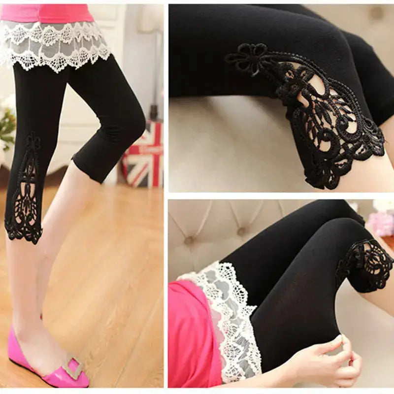 Women black cropped leggings with intricate black lace side panels, 3/4 length stretch pants