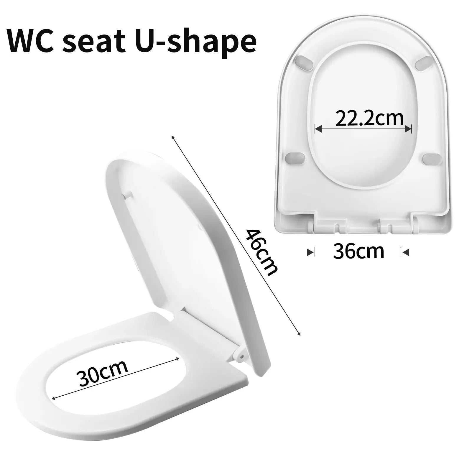 White toilet seat with slow-close adjustable hinges; soft-close, 30 cm long and 22.2 cm wide