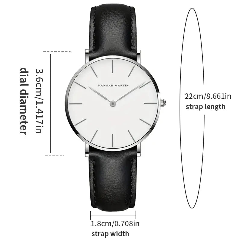 Hannah Martin women's wristwatch with white dial, silver case and black leather strap (36mm)