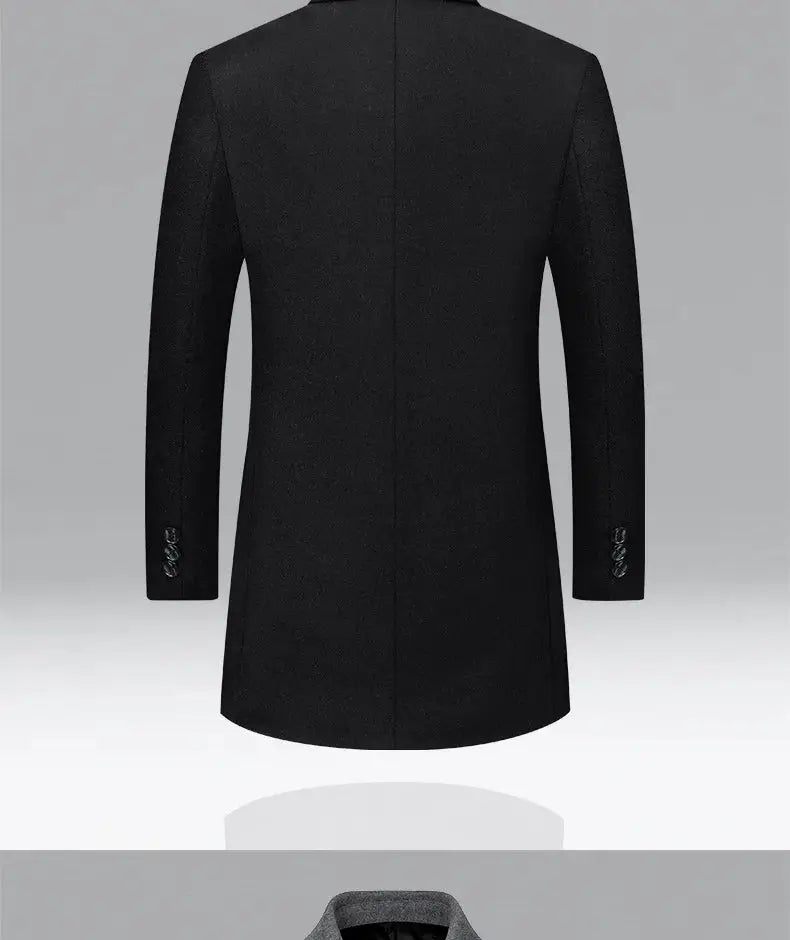 Men's black wool-blend trench coat, long winter overcoat