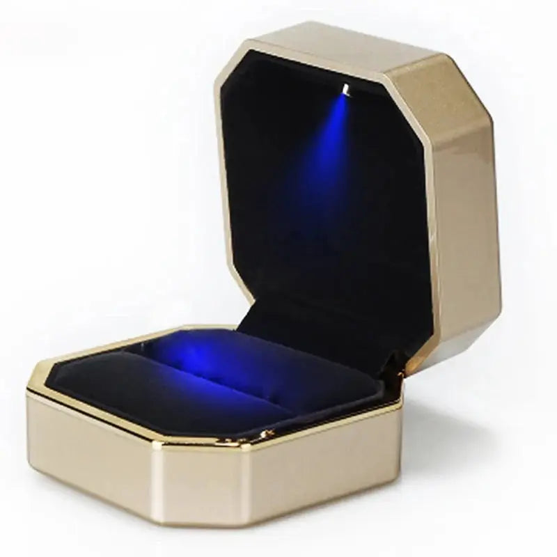 LED Jewelry Ring Box With Light Leather Exterior And Velvet Interior For Proposal Engagement Wedding Gift