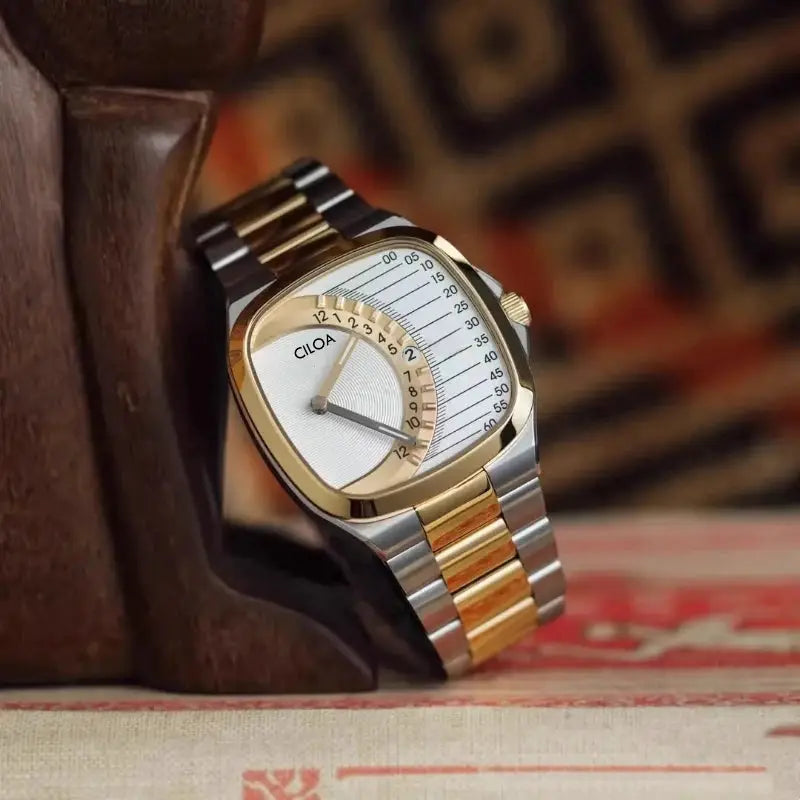 CILOA men's square retro quartz watch with gold and silver steel bracelet, waterproof