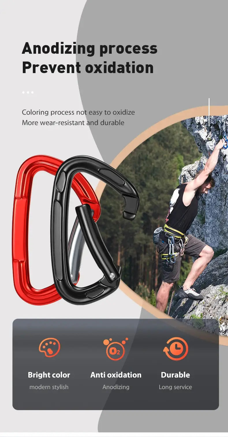 Two climbing carabiners in red and black (curved D/straight D), 7075 aluminum, UIAA CE certified