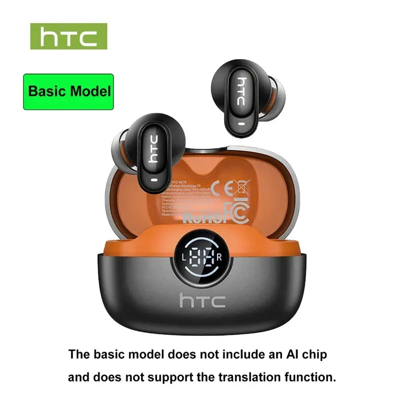 HTC NE79 wireless earbud set in orange charging case with two black earbuds and LED display