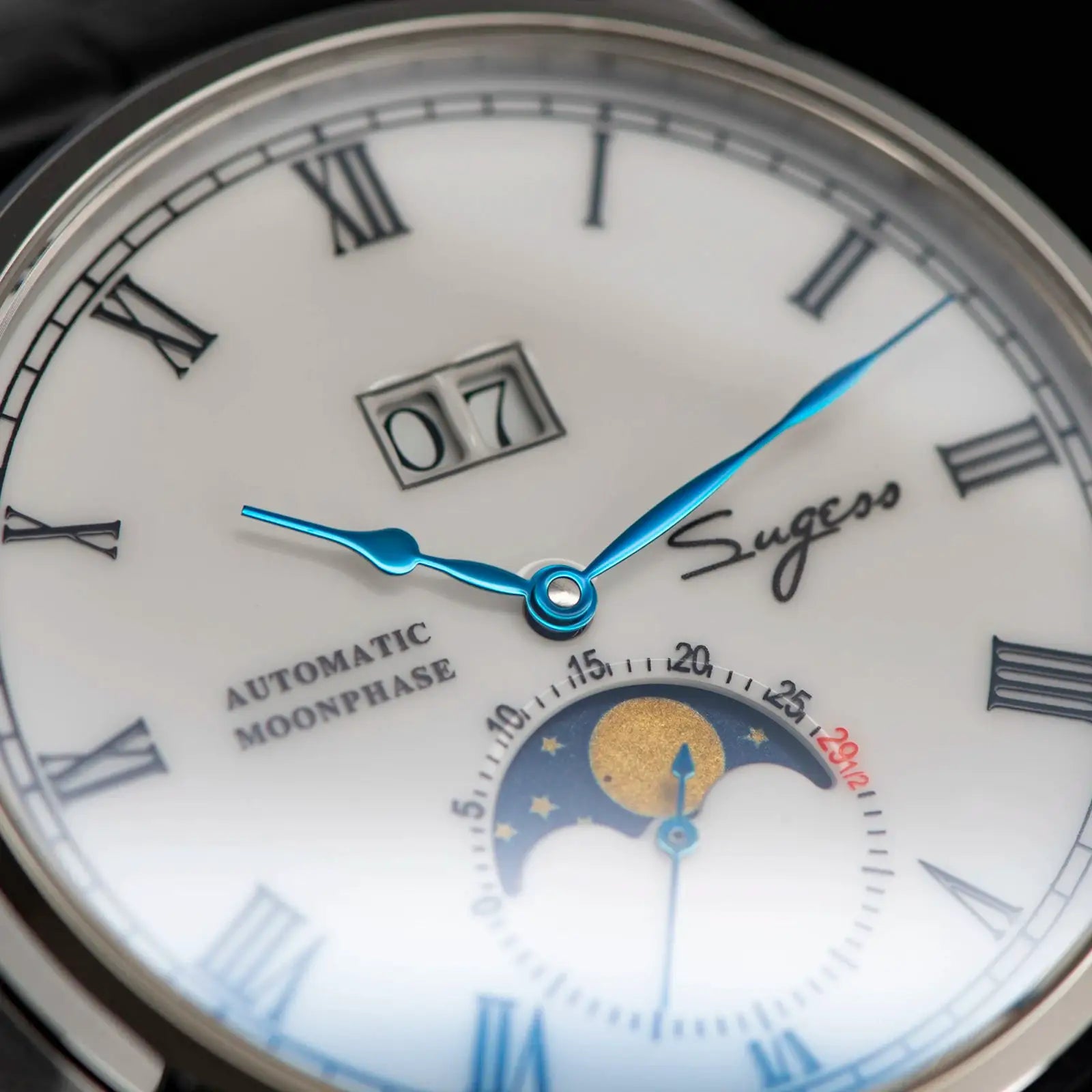 Sugess Tianjin ST25 moonphase automatic men's wristwatch with blue hands and Roman numeral dial