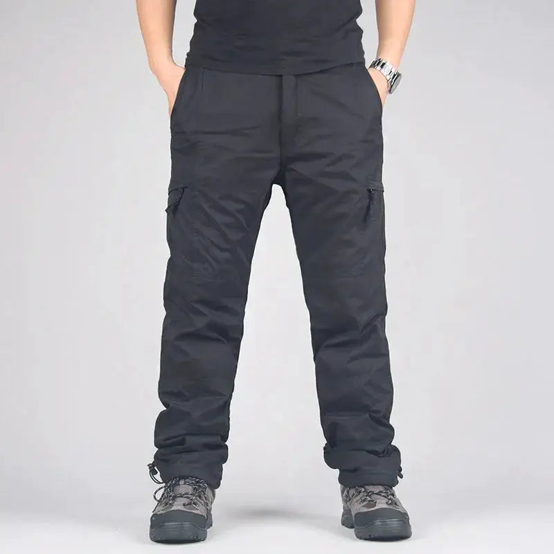 Men's fleece cargo pants in black with side cargo pockets.