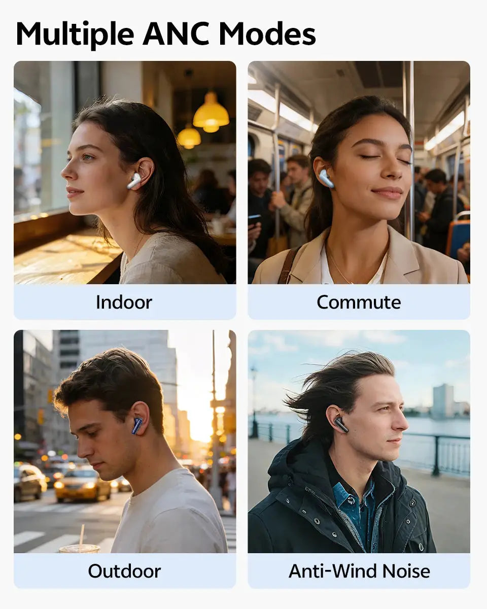 QCY T13 Pro wireless earbuds by Simples Market with adaptive ANC; four color variants shown
