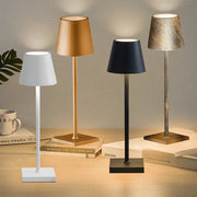 LED desk lamp set with 4 USB rechargeable, touch-controlled lamps in white, gold, black, and marble
