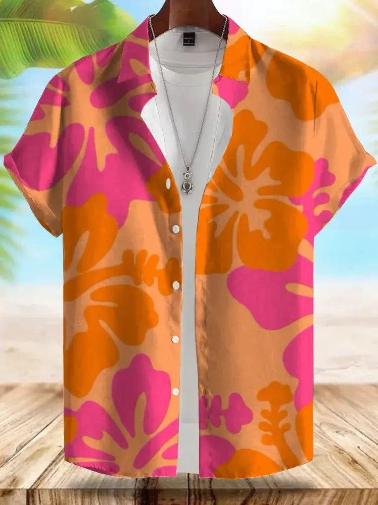 Simples Market Seaside Hawaiian style men's short-sleeve shirt with bright orange and pink tropical floral print