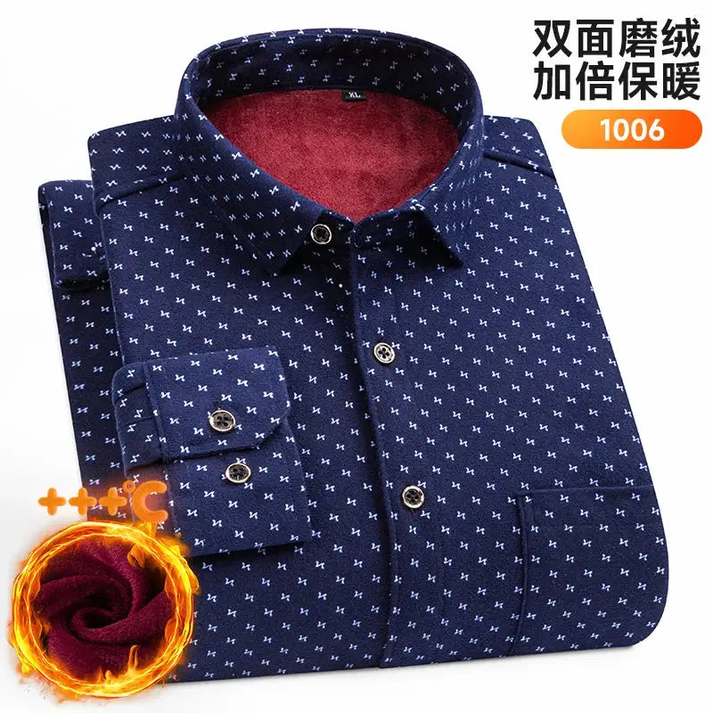 Men's navy long-sleeve fleece-lined shirt with white micro-pattern, double-sided fleece, Simples Market, plus-size