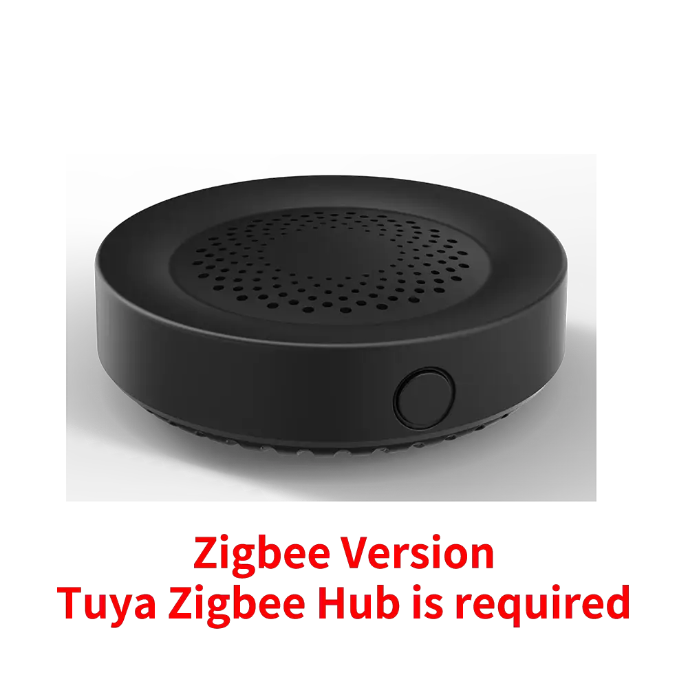 Smart siren alarm, black round Zigbee speaker with perforated top and side button