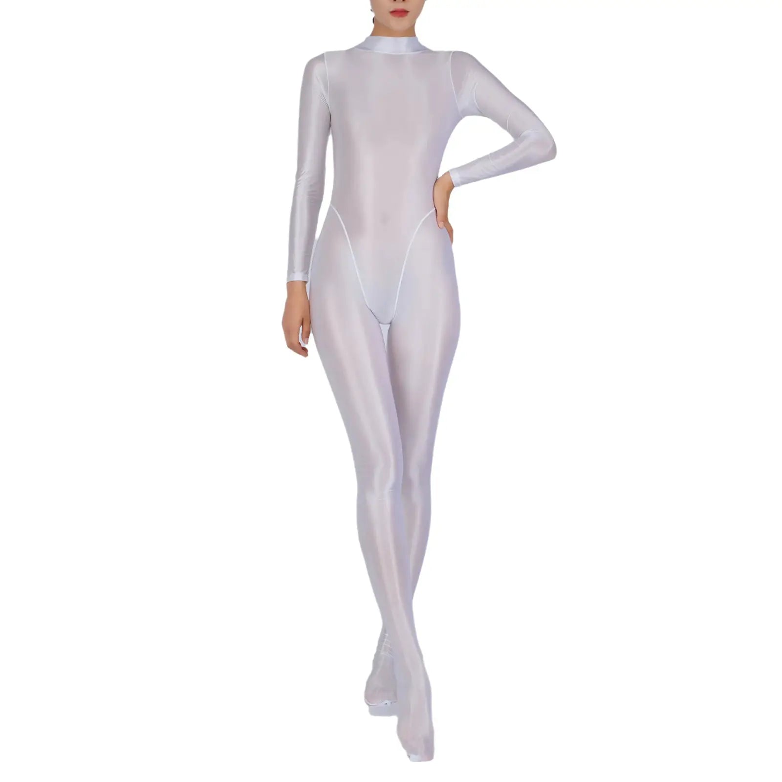 Women’s metallic silver full-body jumpsuit with long sleeves and footed legs