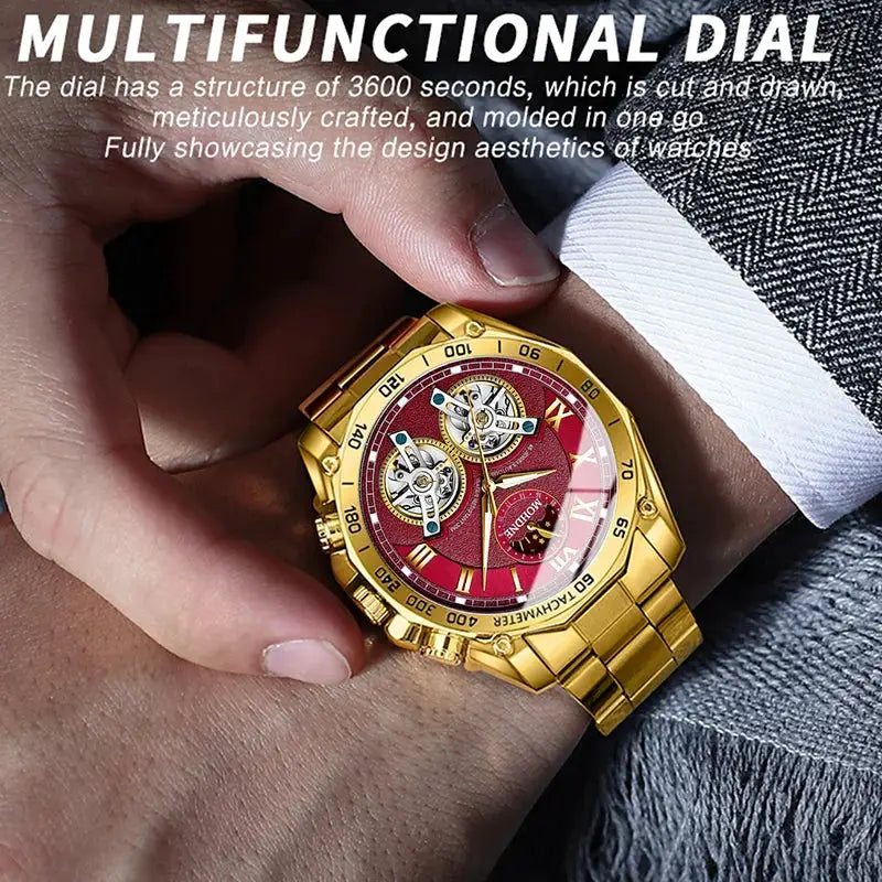 Gold-tone BINBOND men's luxury quartz watch with red dial and two skeleton subdials; stainless steel bracelet.