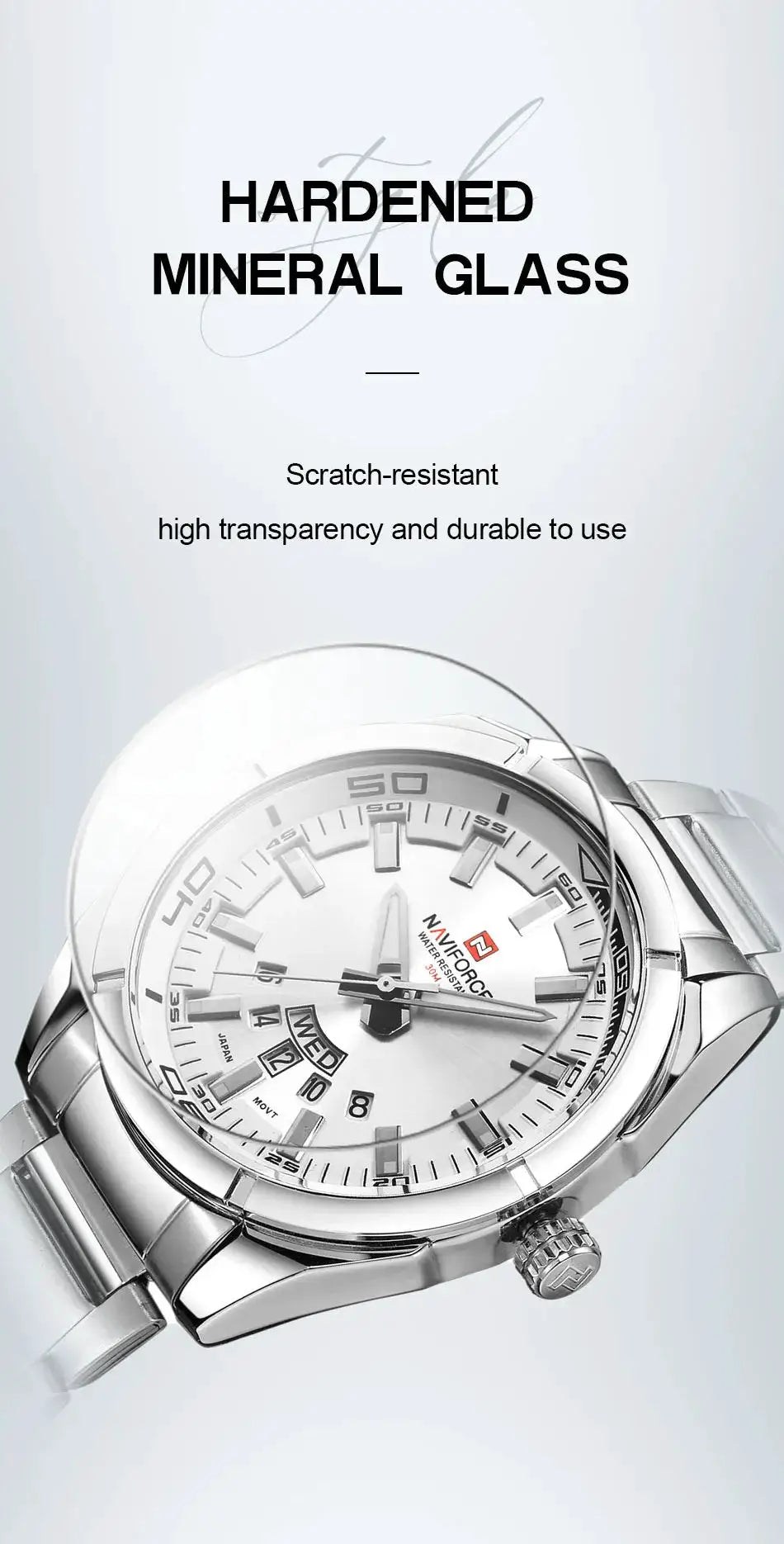 Naviforce men's stainless steel watch with white dial, date display, and scratch‑resistant mineral glass