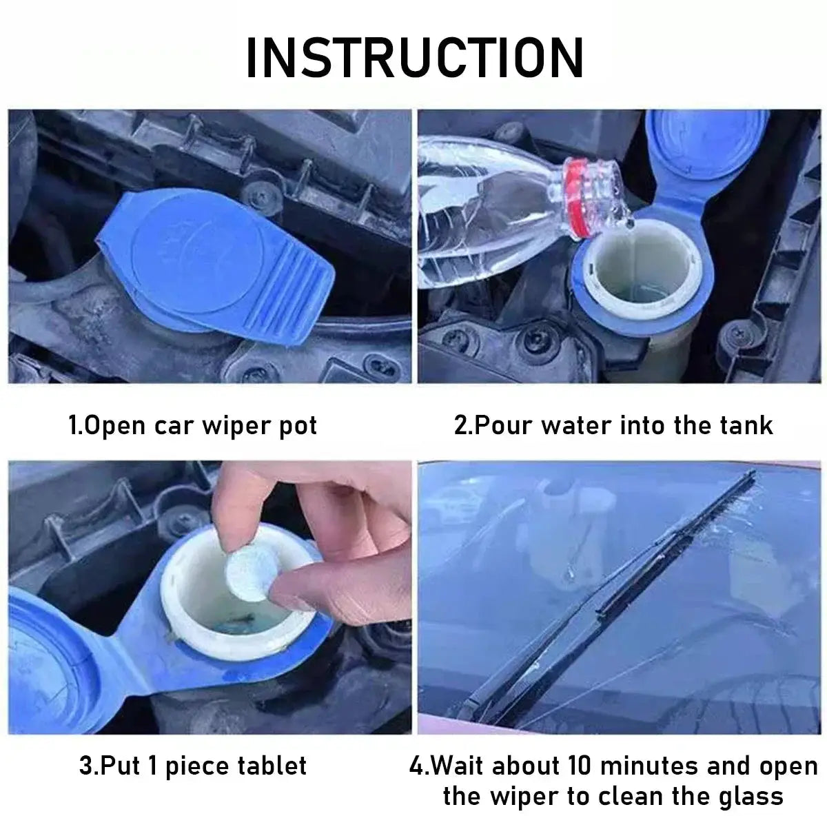Simples Market car windshield washer tablets; blue-cap bottle showing one tablet being dropped into the washer reservoir to clean glass.