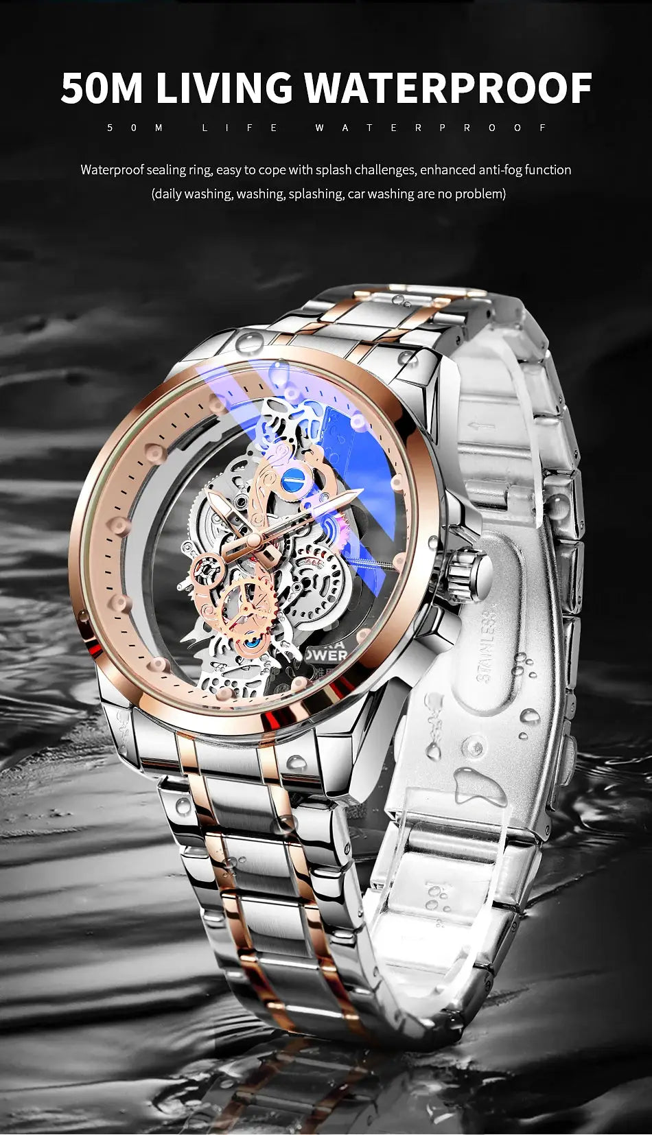 Men's skeleton watch with two-tone rose gold and silver stainless steel bracelet, automatic movement.