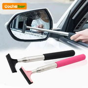 Car rearview mirror cleaning tool with telescopic metal handle; two wiper heads in black and pink, Cochebar logo visible