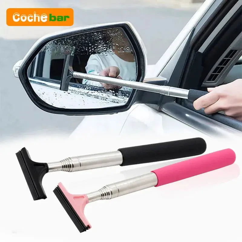 Car rearview mirror cleaning tool with telescopic metal handle; two wiper heads in black and pink, Cochebar logo visible