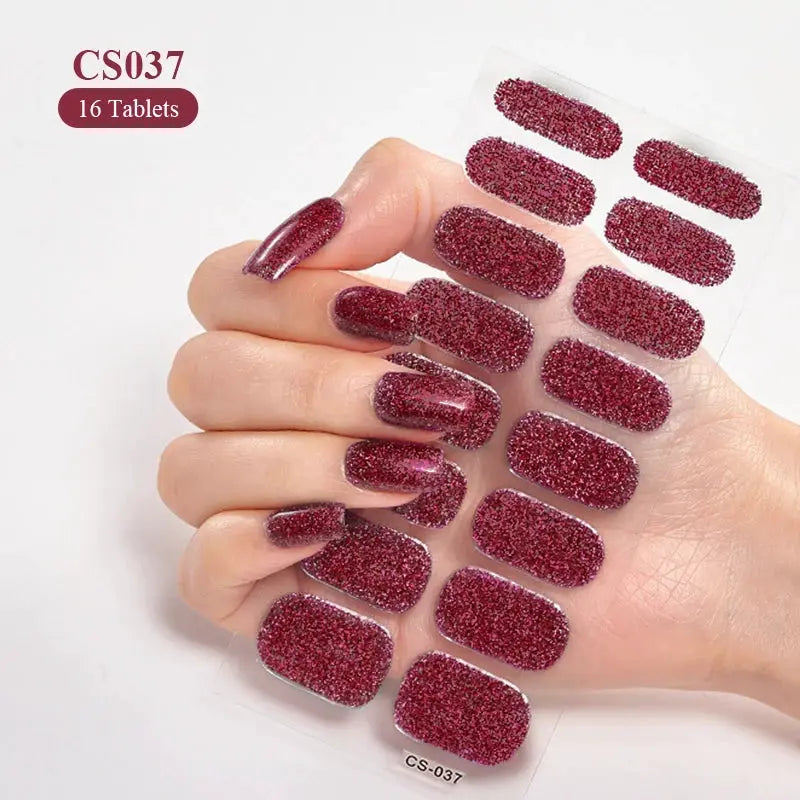 Simples Market full-cover glitter nail stickers in burgundy, 16 self-adhesive tablets on a sheet