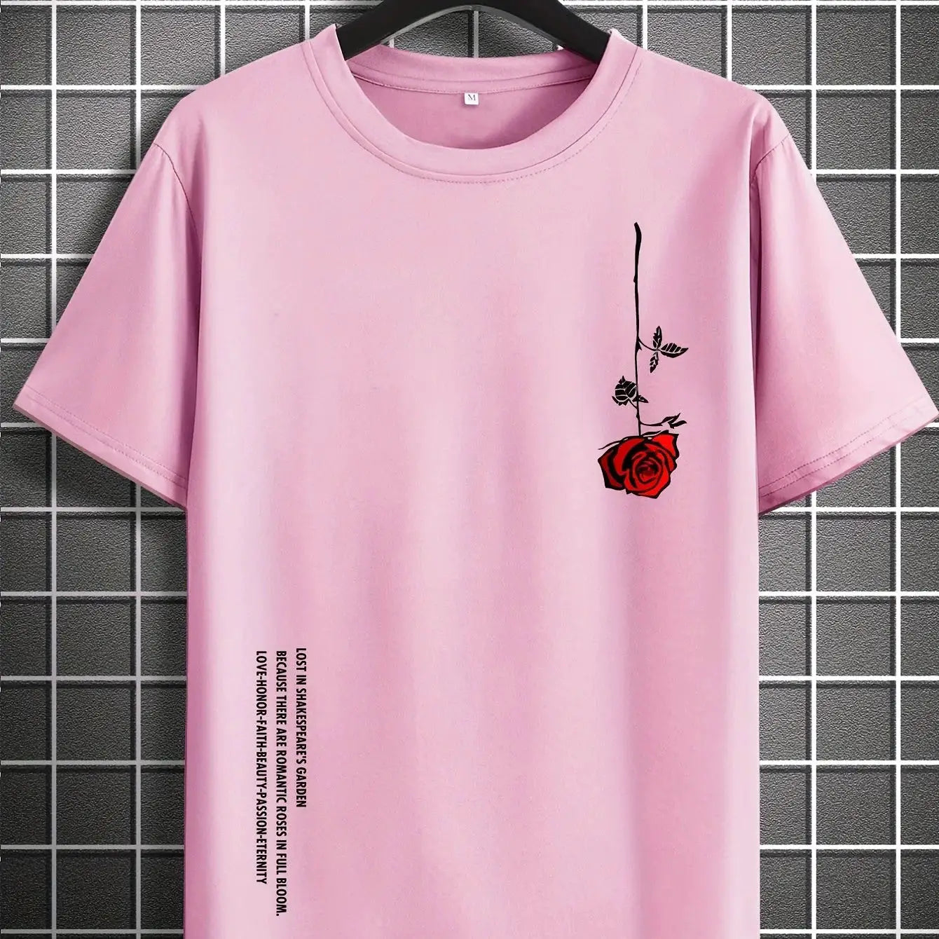 Men's 100 Percent Cotton Rose Print T Shirt Summer Casual Slim Fit Round Neck Short Sleeve Top