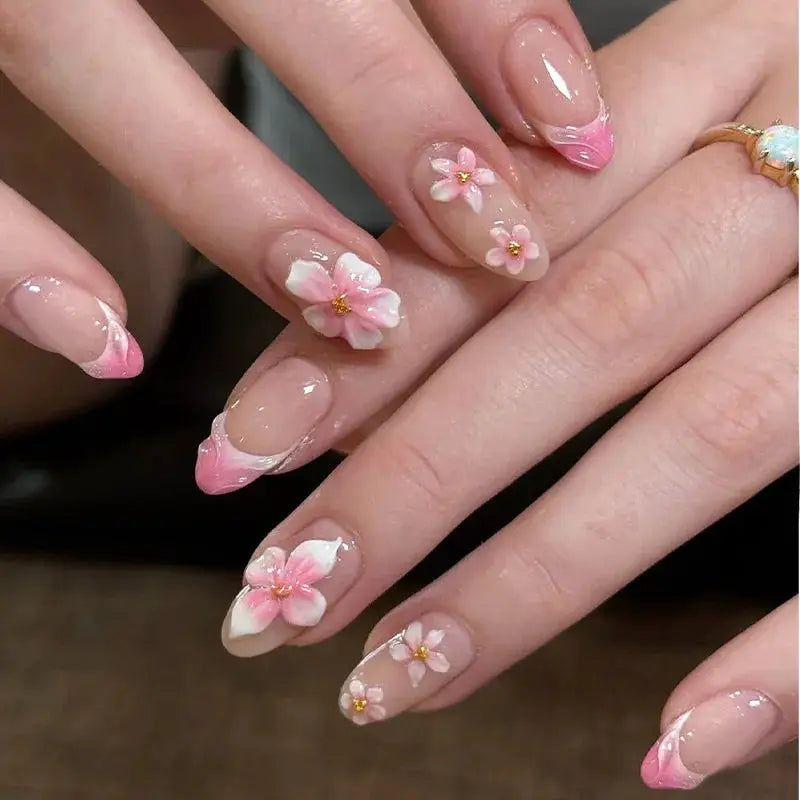 GlamNail Pink Almond Press On Nails Full Coverage Carved Flower 3D Ripple French Tips Golden Pearl Finish