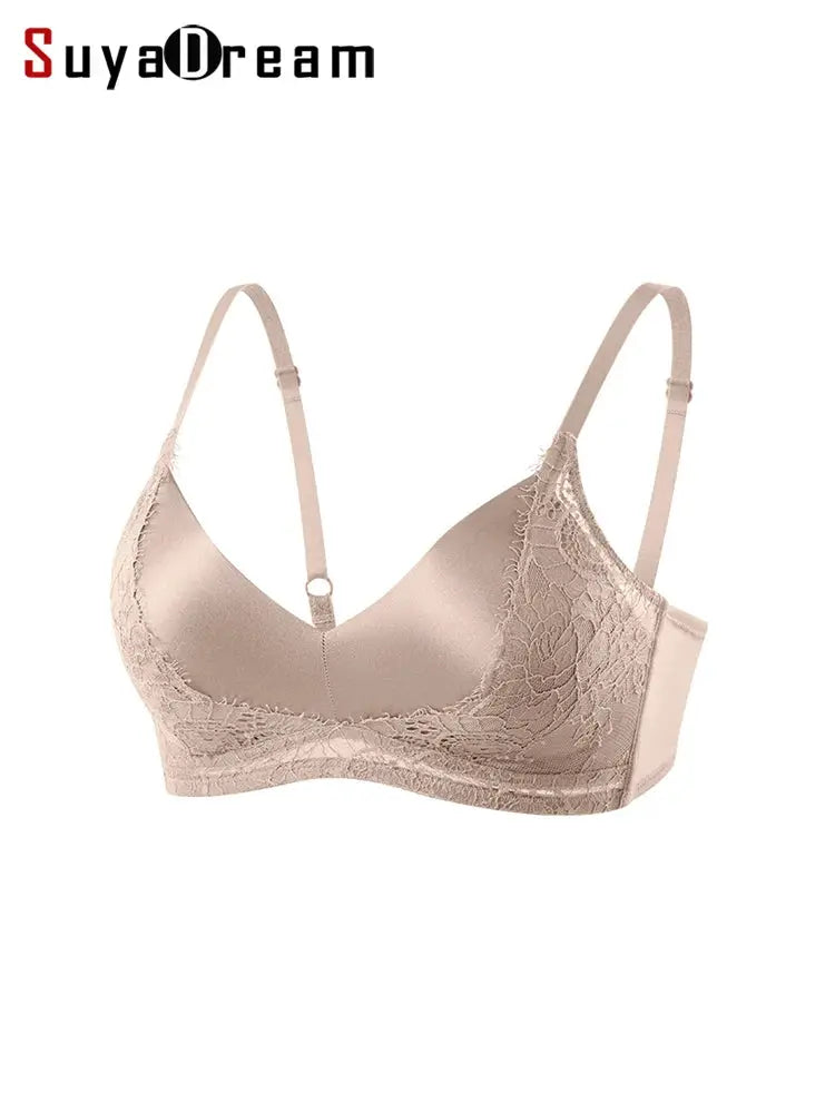 SuyaDream lace padded wireless bra in nude beige with adjustable straps