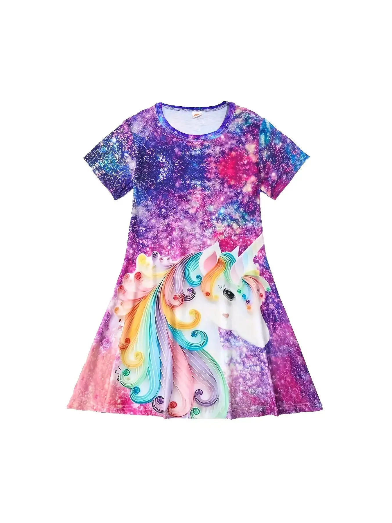 Girls Starry Unicorn Digital Print Round Neck Short Sleeve Party Casual Dress Ages Four To Six