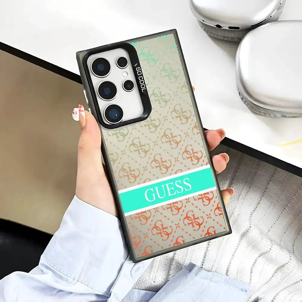 Phone case for Samsung Galaxy S21–S26 with GUESS logo monogram pattern and colorful silver back