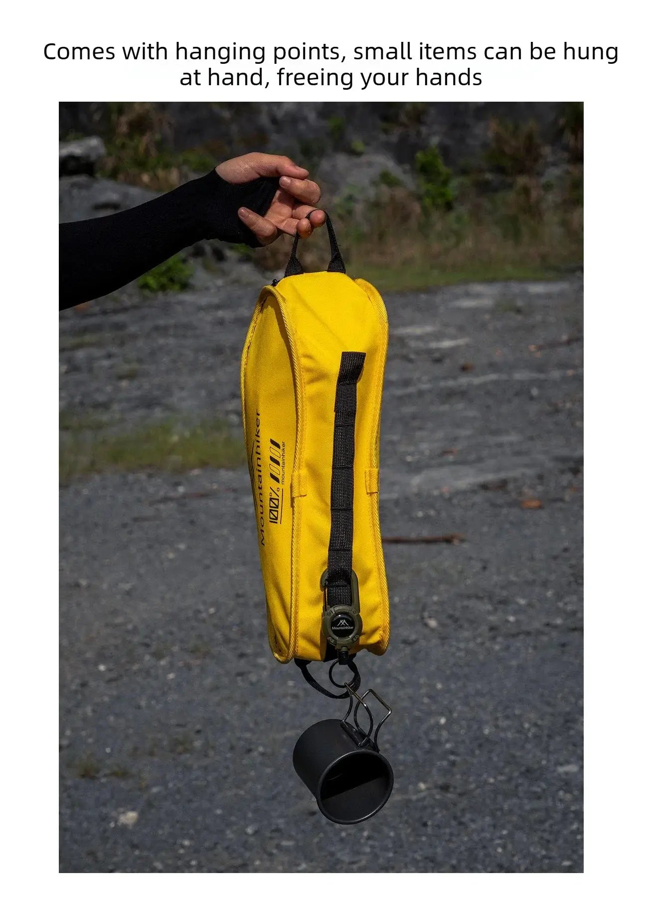Foldable camping chair in bright yellow carrying pouch with black handles