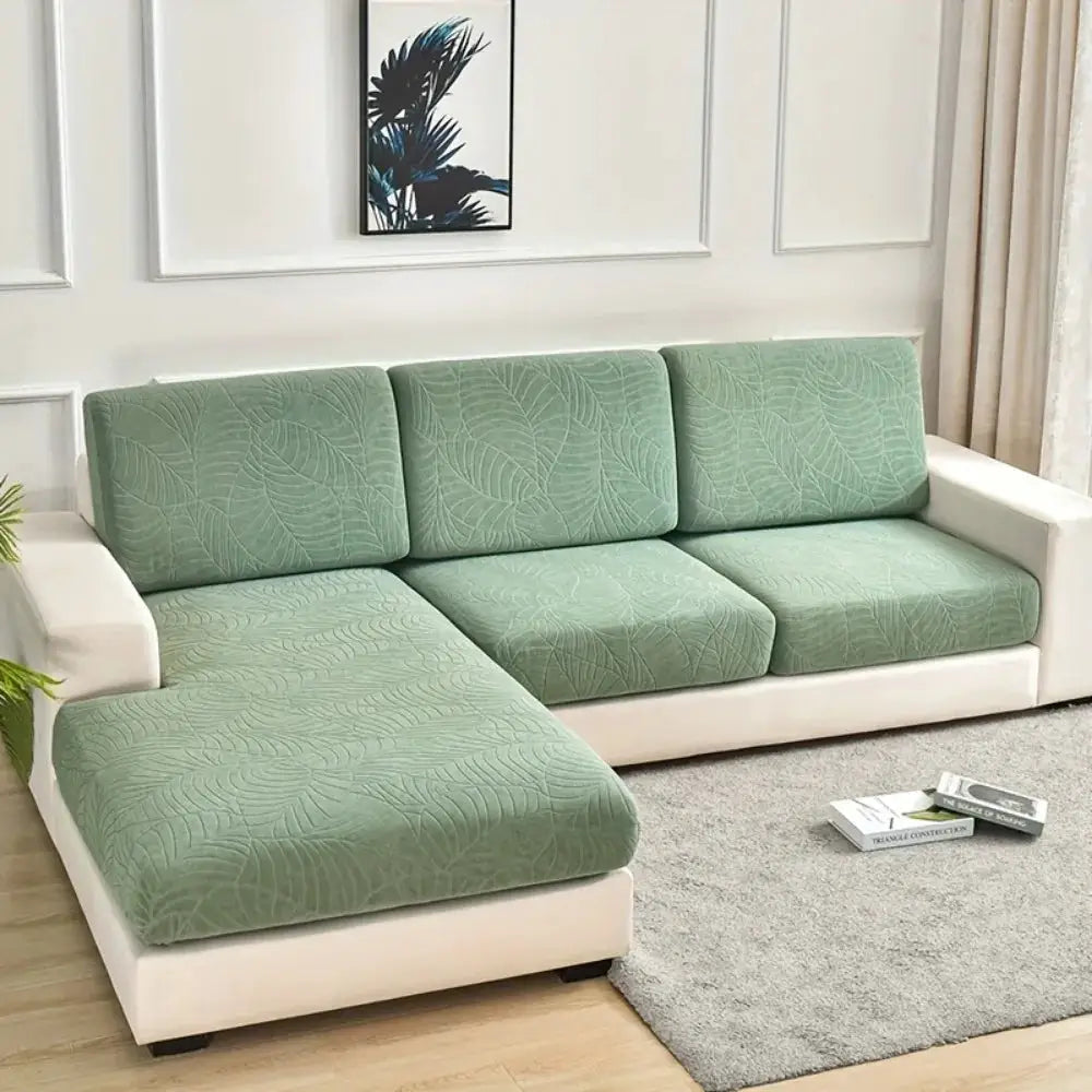 Simples Market waterproof stretch sofa cushion cover in green jacquard on white sectional with chaise lounge