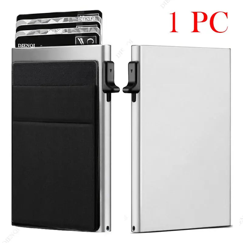 RFID card holder by Simples Market, slim silver metal wallet with black interior
