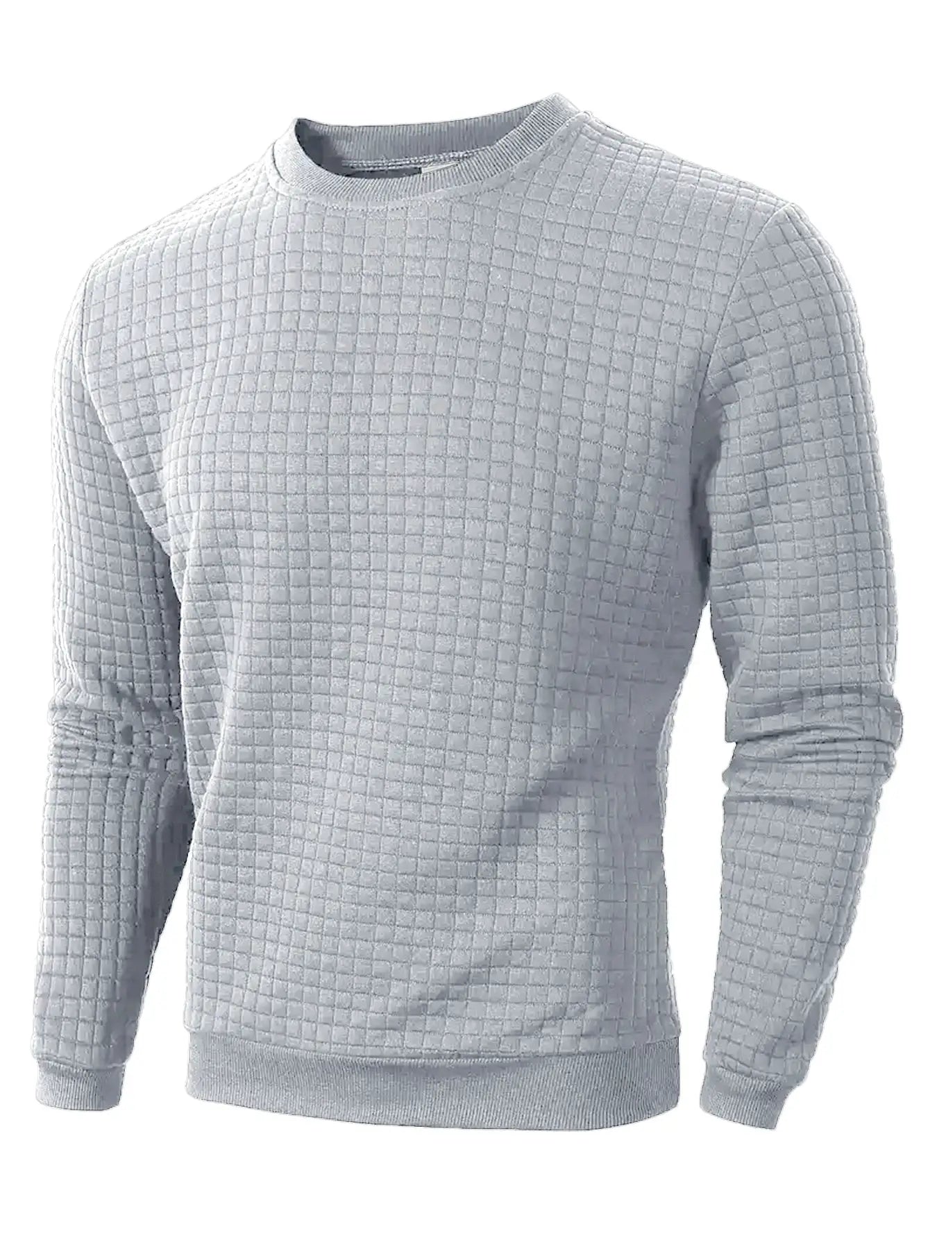 Men's quilted gray crew-neck pullover sweater with grid jacquard knit and long sleeves