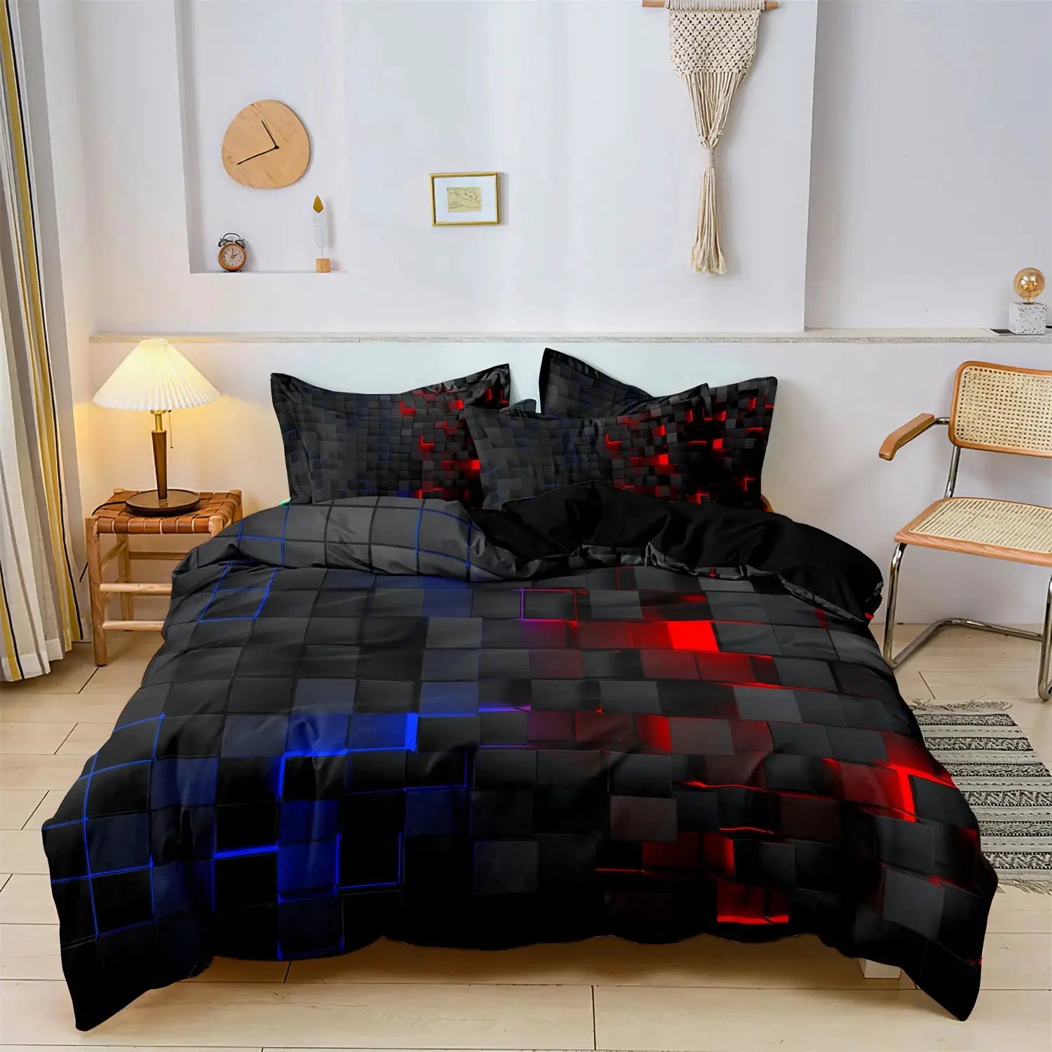 3pc Simples Market duvet cover set with black geometric grid pattern in blue and red, includes 2 pillowcases