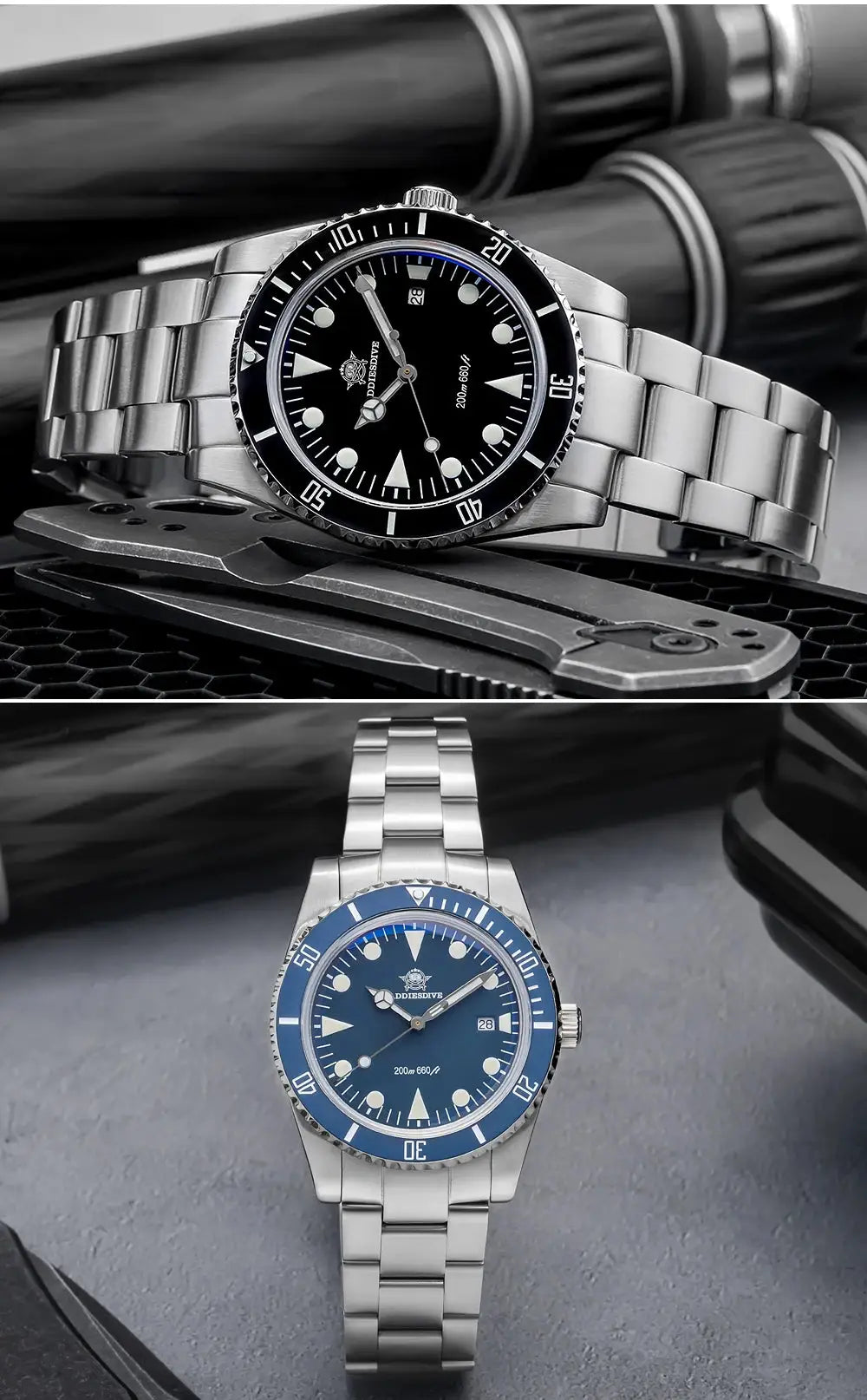 ADDIESDIVE luxury men's analog diver watches; 2x stainless steel bracelets, black and blue dials, 200m