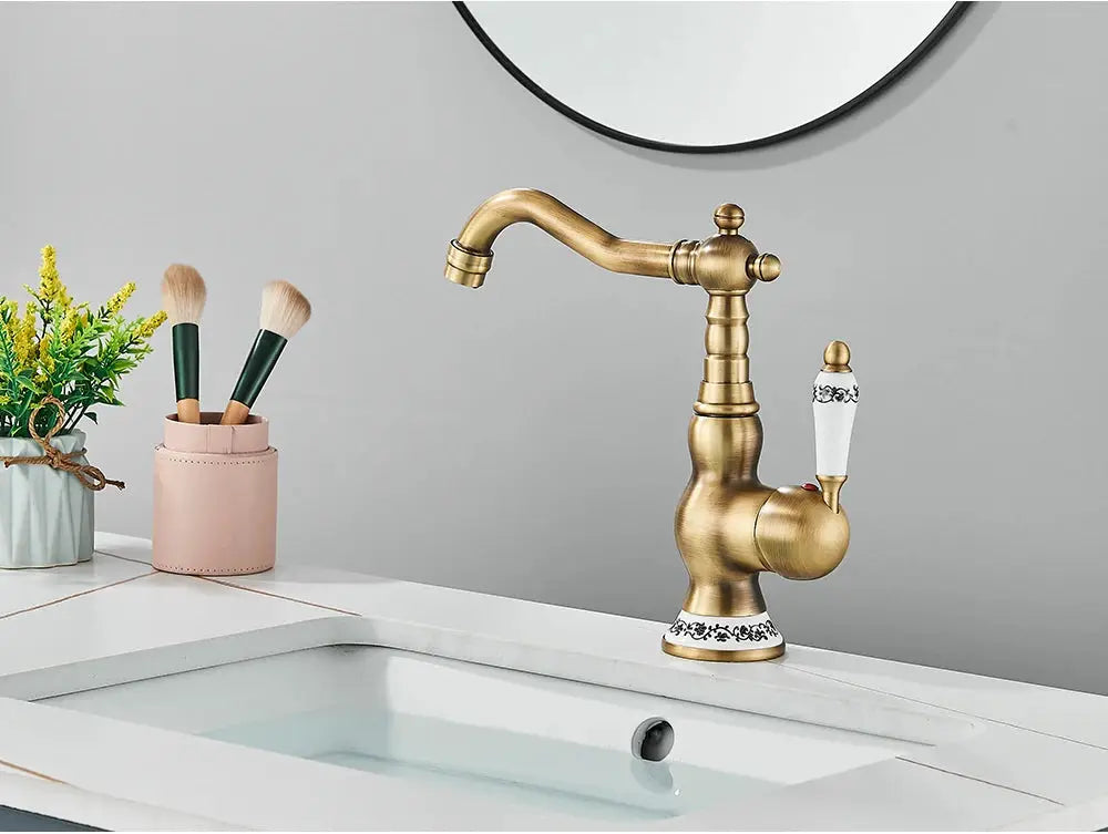 Antique brass basin sink mixer tap with rotating spout and white ceramic handle, Simples Market
