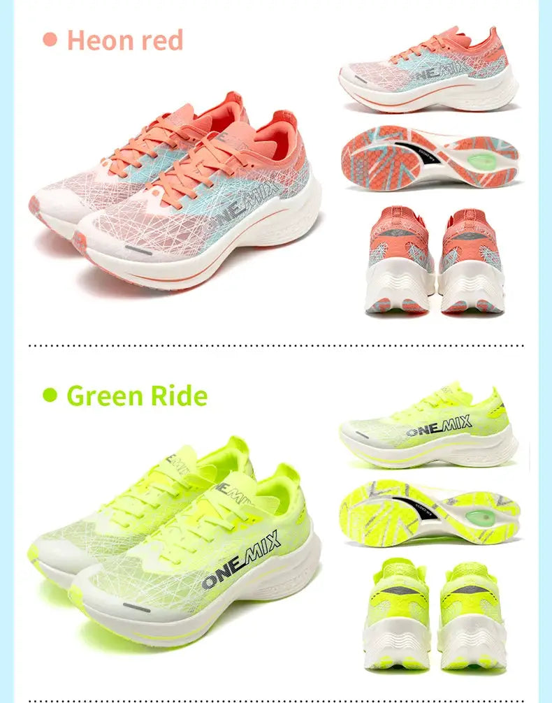 ONEMIX Marathon carbon-plate running shoes for men; two colorways in neon red and neon lime with ONE-MIX branding.