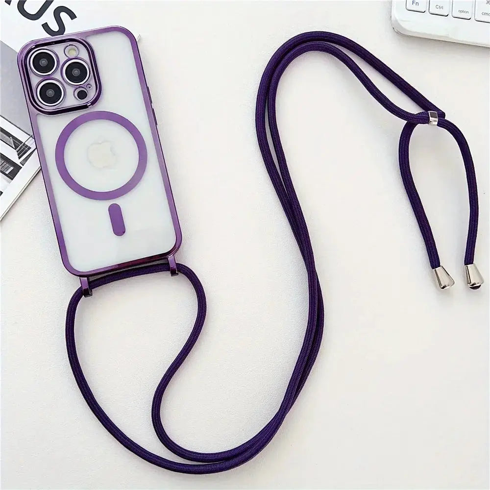 Purple crossbody lanyard phone case with magnetic necklace cord for iPhone models, transparent back